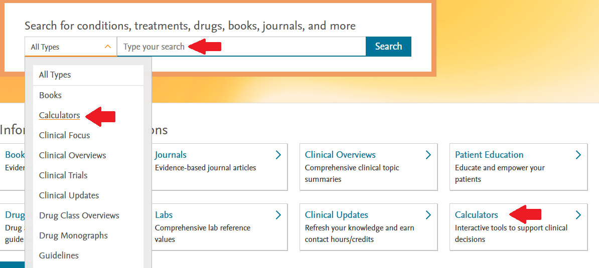 Screenshot of the clinical key for nursing home page with red arrows pointing to the areas of the interface that give the user access to calculators