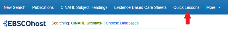 screenshot of the CINAHL interface with red arrow pointing to the quick lessons link at the top of the page.