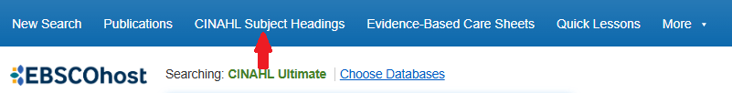 screenshot of the CINAHL interface with red arrow pointing to the subject headings link at the top of the page.