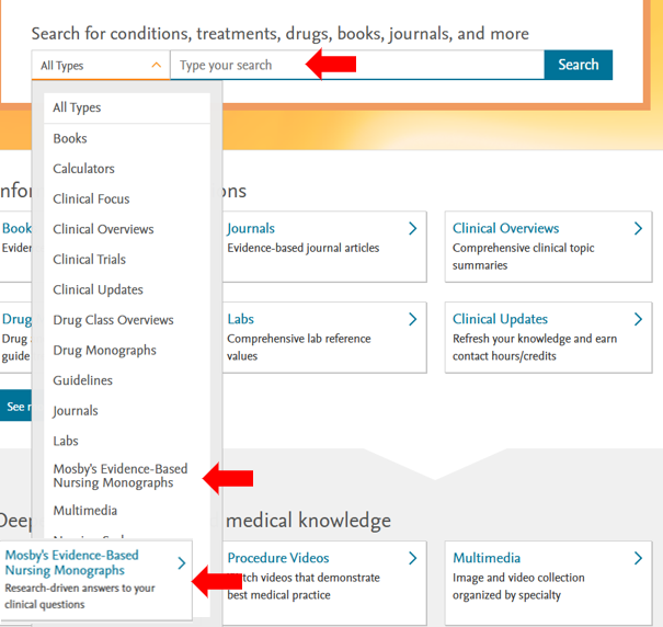 Screenshot of the clinical key for nursing home page with red arrows pointing to the areas of the interface that give the user access to calculators