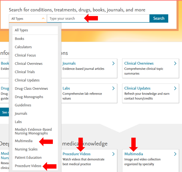 Screenshot of the clinical key for nursing home page with red arrows pointing to the areas of the interface that give the user access to calculators